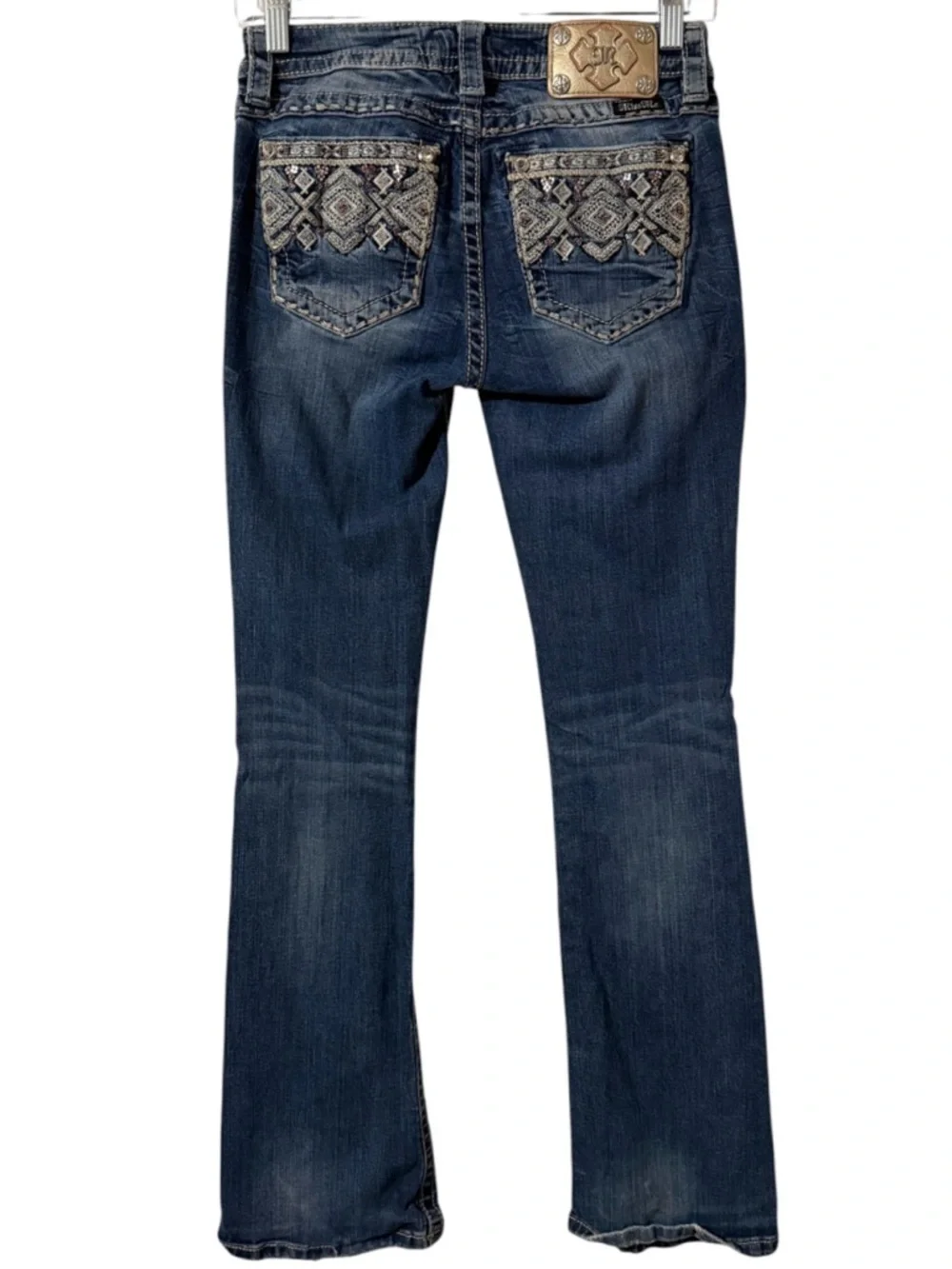 Miss Me Mid Rise Bootcut jeans embroidered metallic gold patch women’s 26 - Picture 3 of 16